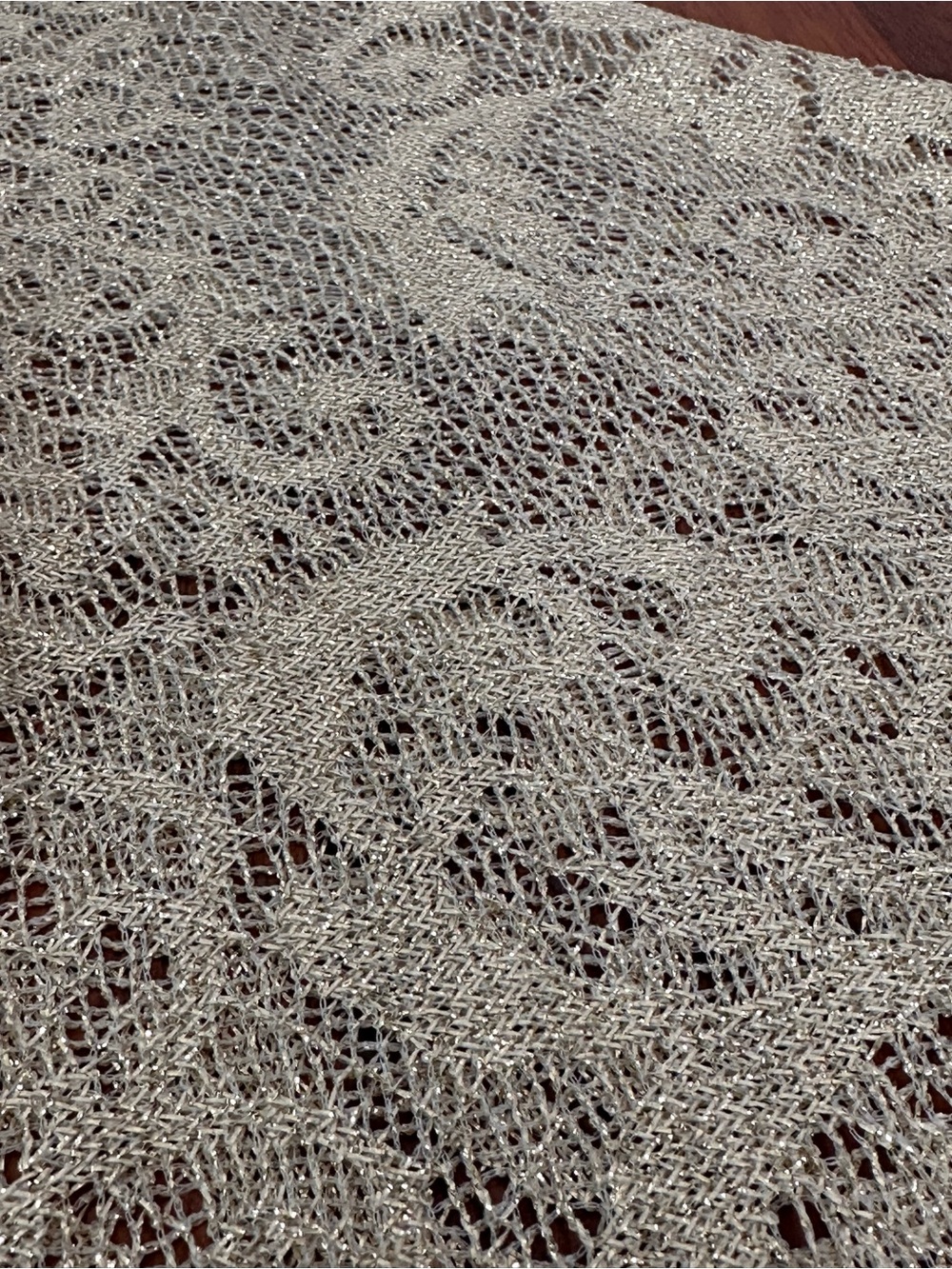 Bohemian Fringe Open-Front Knit Pashmina - Gold/Beige Floral pattern. Festival. - Picture 9 of 11